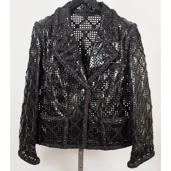Chanel Brasserie 15K jacket coat 48 / 16 faux leather PVC perforated tweed black
